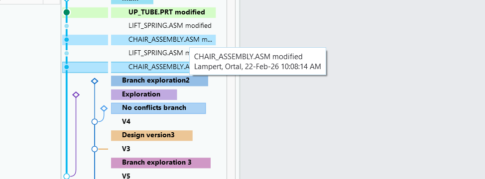 Change detail popover showing who modified CHAIR_ASSEMBLY.ASM, and when