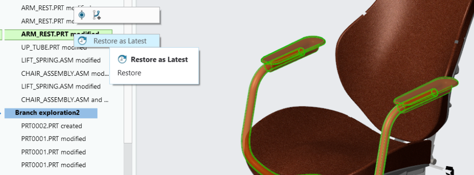Restore context menu, showing Restore as Latest and Restore options over a highlighted chair assembly