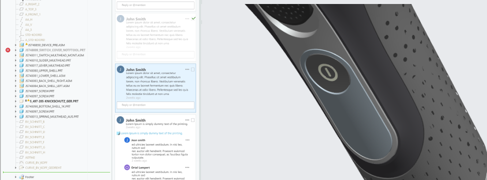 Thread pane — resolve, mention, reply