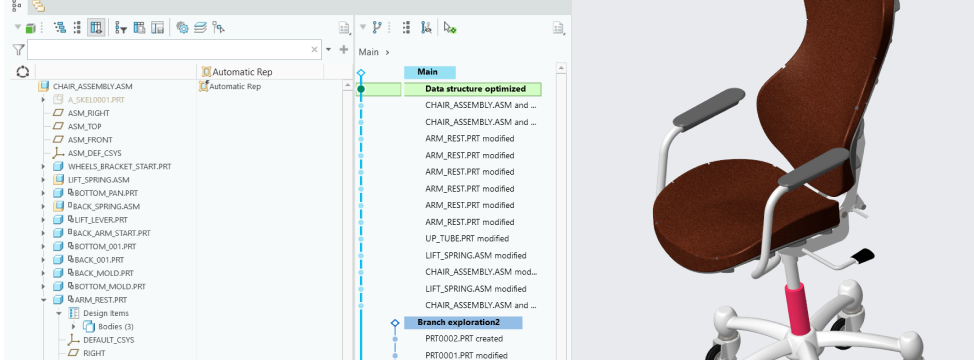 History timeline panel listing model versions in order, with branch points